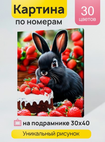 Холст с красками 30x40 см по номерам, Кролик в клубничном мире, ХК-3916